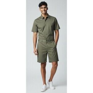 RomperJack NEW! mens olive button up collared shorts romper Large contemporary